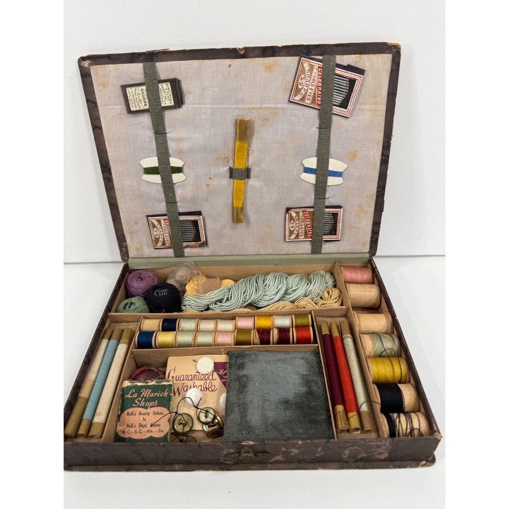 Vintage Sewing Notions Box Hand Painted Pansies Thread Needles Buttons Ephemera